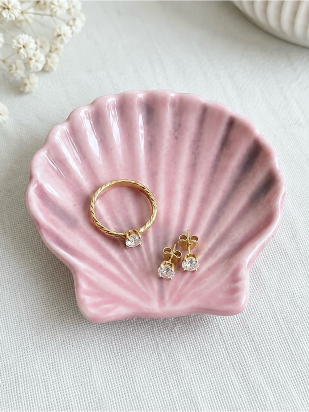 August Ceramics Pink Shell Trinket Dish Mini Jewelry Ring Dish Made USA